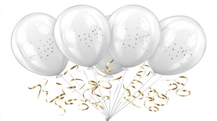 Four White Balloons with Gold Confetti and Streamers Against a Bright Background for Celebration