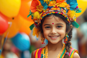  A child in a traditional costume holding balloons during Goa Carnival, joyful smile, festive background