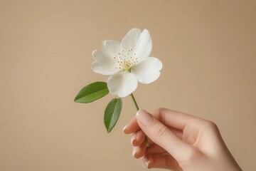 Fototapete - Delicate white flower held gently by a hand against a warm, neutral background showcasing the beauty of nature in a simple yet elegant composition