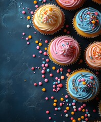 Wall Mural - Colorful cupcakes with blue frosting and birthday candles arranged on a blue background