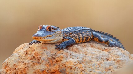 reptilian wildlife close-up of a young nile crocodile resting on a rock, displaying sharp teeth, scaly texture, and natural camouflage in the wild