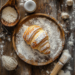 Poster - Freshly baked croissant with powdered sugar on rustic wooden table