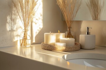 Wall Mural - Elegant composition showcasing modern bathroom layout planning with candles and decorative elements, ideal for home design inspiration. Concept emphasizes modern bathroom layout planning