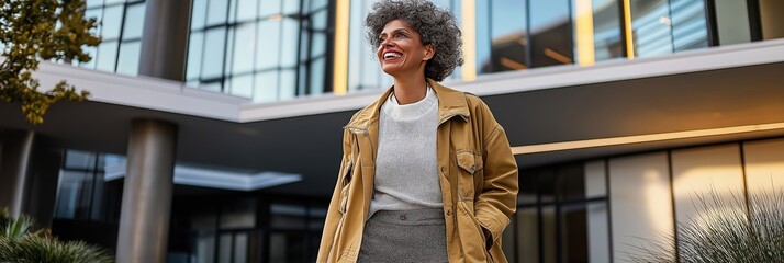 Wall Mural - A woman wearing a tan jacket and black skirt is walking outside. She is smiling and she is happy