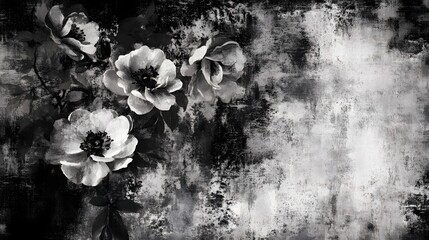 Poster - A moody romantic black and white backdrop featuring delicate floral blooms set against a grungy textured surface with a dark atmospheric ambiance  The image has an ethereal