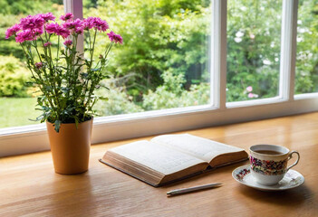 Wall Mural - Rustic Writing Nook: A quiet writing corner tucked into a cottage window seat, complete with a wooden desk, quill pen, stacks of old books, and a steaming cup of tea, overlooking a lush green garden w