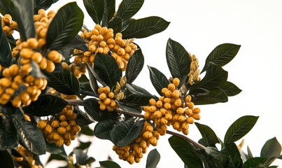 Yellow fruit tree branch, outdoor, bright sky, nature, food, botany, gardening, springtime