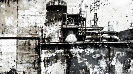 Poster - Abandoned and decaying industrial factory plant with dilapidated machinery crumbling structures
