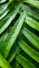 Canvas Print - Rainforest Leaves: A close-up view of overlapping tropical leaves, showcasing their intricate veins and glossy surfaces, with droplets of water catching the light after a fresh rain.