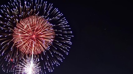 nighttime fireworks display exploding with vibrant colors, shimmering and sparkling in dramatic slow