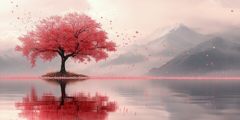 Wall Mural - Beautiful cherry blossom tree in full bloom during sunset in a serene landscape