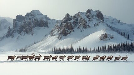 Canvas Print - Herd of reindeer crossing snowy landscape against mountain backdrop in winter season