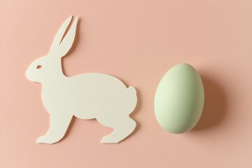 Wall Mural - minimalist paper bunny silhouette next to a pastel green egg on a light pink background for spring d