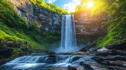 Wall Mural - Majestic waterfall cascading into a serene river in lush green forest