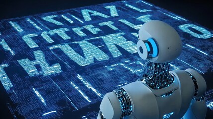 Robot analyzes digital code, dark background