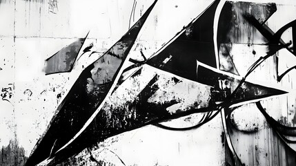 Poster - Abstracted grungy monochrome texture with dynamic chaotic geometric shapes distressed patterns and visually striking contrasting elements  This contemporary