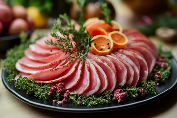 Wall Mural - Sliced ham decorated with herbs and orange slices on a festive table