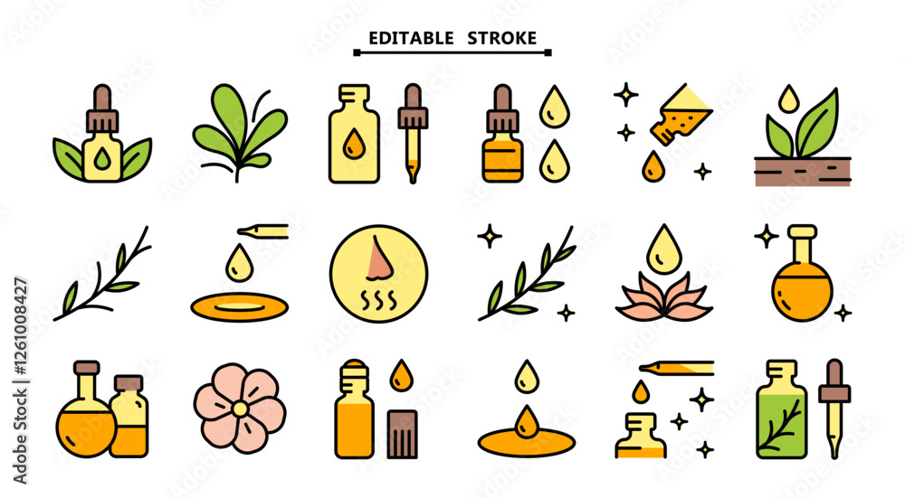 Essential oils aromatherapy vector flat icons set. Editable stroke ...