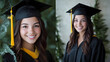 © +27.000 BOU - Graduation Portrait: A radiant young woman celebrates her academic achievement in two elegant graduation portraits.  One features a lush green backdrop, the other a simple grey wall.