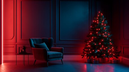 Canvas Print - Red and blue neon lights illuminate a Christmas tree and armchair in a dark room.