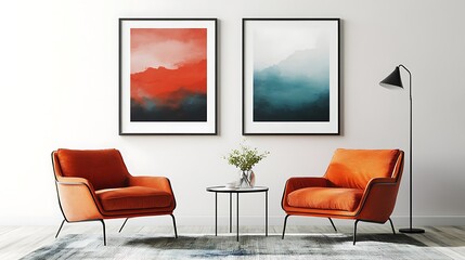 Canvas Print - Two orange armchairs face a small table with a vase of greenery between them, two framed abstract landscape prints hang on the wall above.