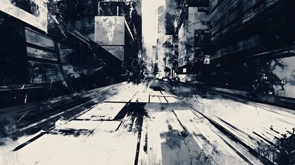 Poster - Blurry Moody Cityscape With Skyscrapers and Busy Street Traffic in Modern Urban Metropolis