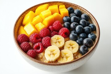 Wall Mural - Oatmeal porridge with fresh mango, banana, blueberry and raspberry topping