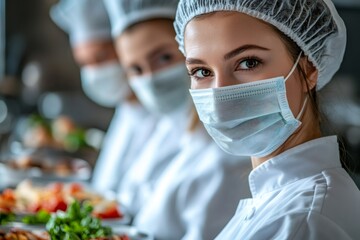 Wall Mural - Chefs wearing protective masks preparing food in restaurant kitchen