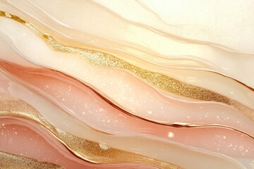 Wall Mural - glossy abstract waves in metallic gold and pink tones evoke retro-futuristic style of y2k aesthetics