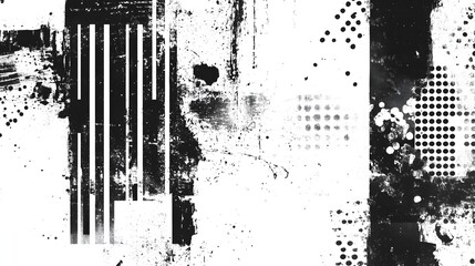 Poster - Grungy vintage inspired abstract texture with overlapping geometric patterns dotted lines and a distressed weathered appearance in black white and shades of gray  This moody