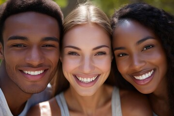 Three happy friends smiling together outdoors, interracial friendship and happiness