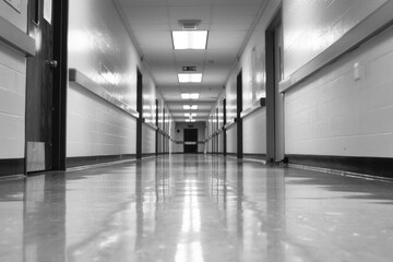 empty corridor with reflective floor in grayscale