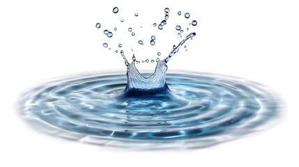 Poster - Mesmerizing visual of a crystal clear water splash creating a dynamic ripple effect with delicate bubbles and droplets against a plain white background  This captivating image captures the fluidity
