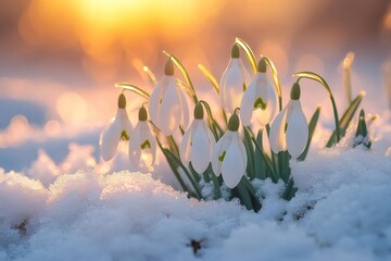 Wall Mural - Snowdrops blooming through snow at sunset announcing spring arrival