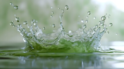 Fototapete - Splashing water droplets creating a dynamic and refreshing visual on the surface of a lush green leaf reflecting the purity and clarity of nature