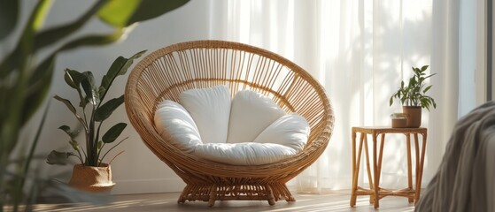 Wall Mural - Empty rattan chair in bright room with plants; cozy interior decor, home furniture