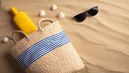 Wall Mural - A top view of a beach bag, sunglasses, flip-flops, and sunscreen on a sandy background with seashells scattered around.