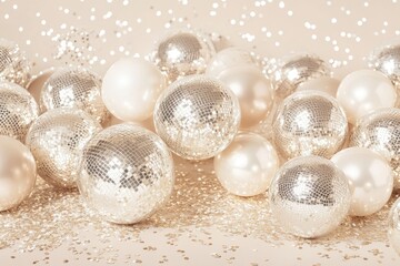 Wall Mural - cluster of disco balls creating a sparkling reflective pattern on a neutral background perfect for m