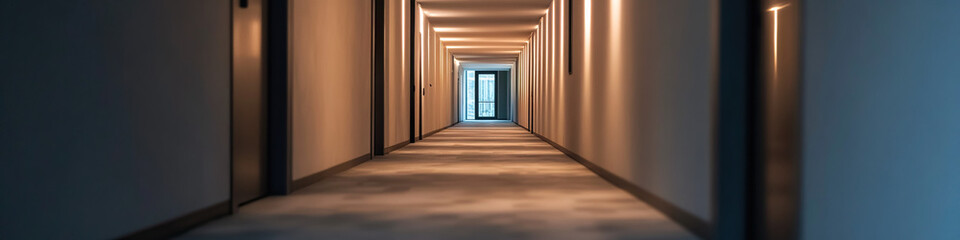 hotel corridor interior with recessed lighting
