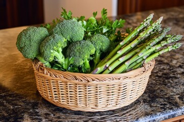 A wicker basket displays vibrant green broccoli and asparagus alongside fresh herbs on a clean kitchen countertop. The setting highlights the freshness of organic produce