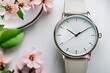 © vejaa - White luxury watch with spring flowers on background. Spring forward. Daylight saving time starts in March