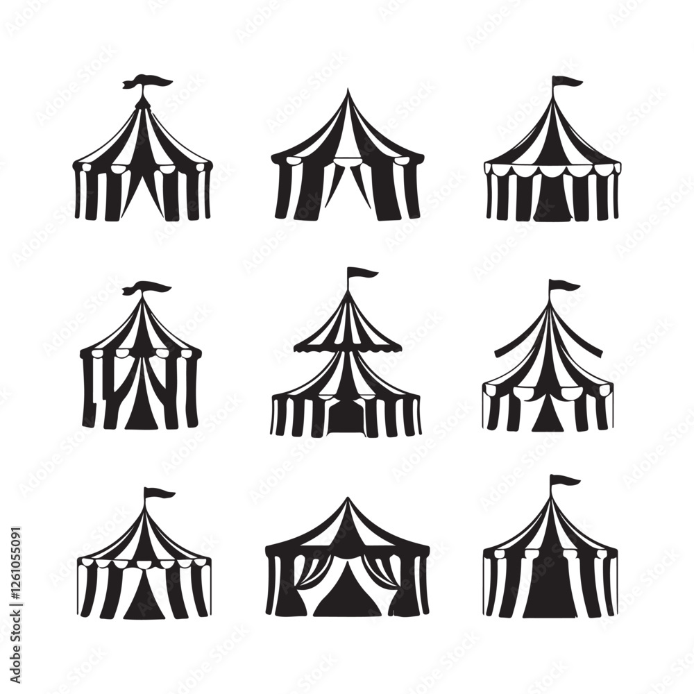 Circus tents, silhouette vector black and white illustration Stock ...