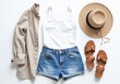 © BeaRod - minimalist feminine summer outfit flat lays white background featuring jeans shorts various accessories chic look