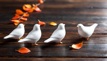 Wall Mural - Design a set of porcelain birds perched on branches, with delicate autumn leaves around them.