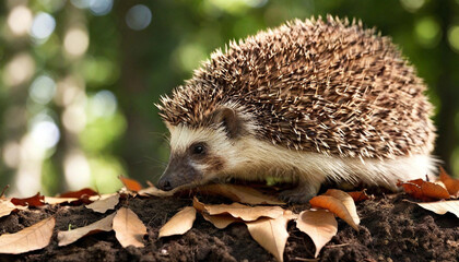 Poster - Design a playful image of a hedgehog rolling down a hill of leaves, with fun textures capturing the motion.