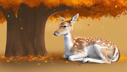 Sticker - Create a layered artwork of a gentle doe resting under a tree, surrounded by a carpet of golden leaves.