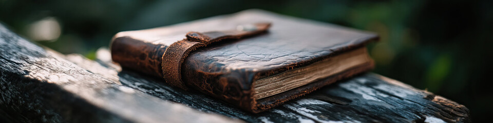 Wall Mural - Leather-Bound Journal on Weathered Wood