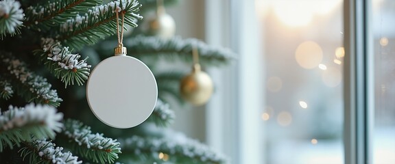 Wall Mural - Frosted white ornament on snowy Christmas tree branch, festive holiday warmth indoors