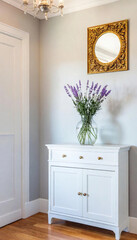 Canvas Print - Sunlit Entryway: A vintage console table with a distressed paint finish, topped with a bouquet of lavender in a glass jar, framed by spring wreaths hung on light-colored walls.