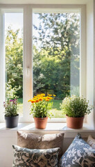 Wall Mural - Charming Window View: A cottage-style bay window with a cushioned seat, adorned with floral throw pillows, framing a view of a blooming garden, with pots of fresh herbs lined along the windowsill.